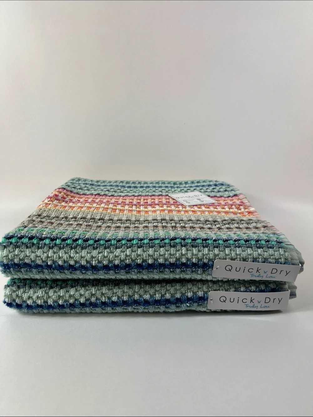 Truly Lou Bath Towel Set Bright Rainbow Colors Striped Soft Cotton 2 Pc NEW